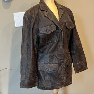Tomahawk Distressed Leather Jacket Sz M Dark Chocolate Brown Button Front Retro‎